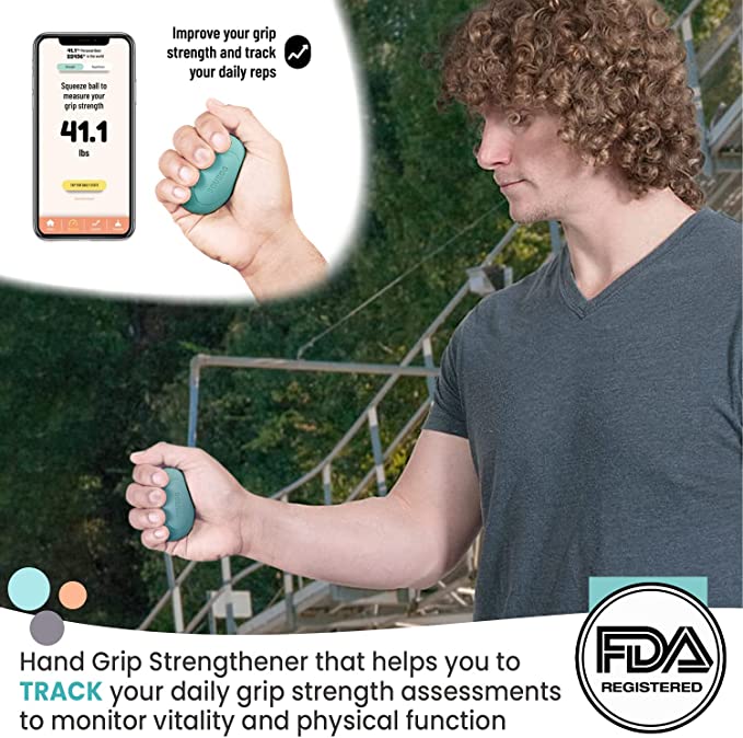Person using a hand grip strengthener with an inset showing a smartphone app for tracking grip strength.
