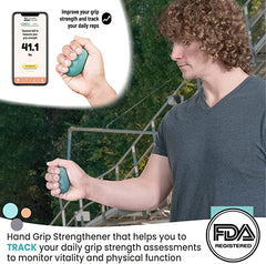 Person using a hand grip strengthener with an inset showing a smartphone app for tracking grip strength.