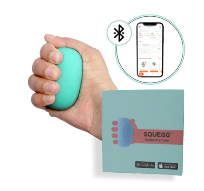 Hand holding a teal Squegg device with its packaging and app interface on a white background