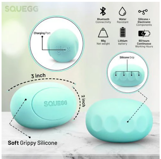 Teal SQUEGG device with features highlighted on a white background